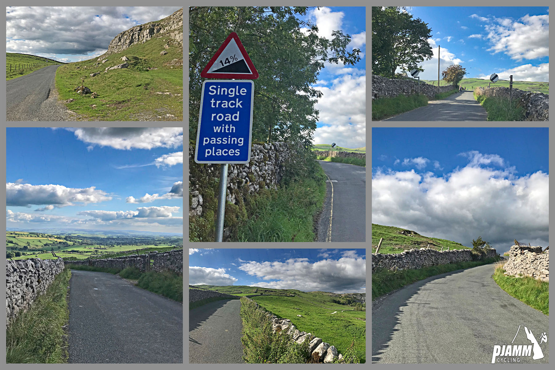Cycling Malham Cove - 14% grade road sign warning "Single track road with passing places), various views of one-lane road along the climb uphill, PJAMM Cycling logo in corner