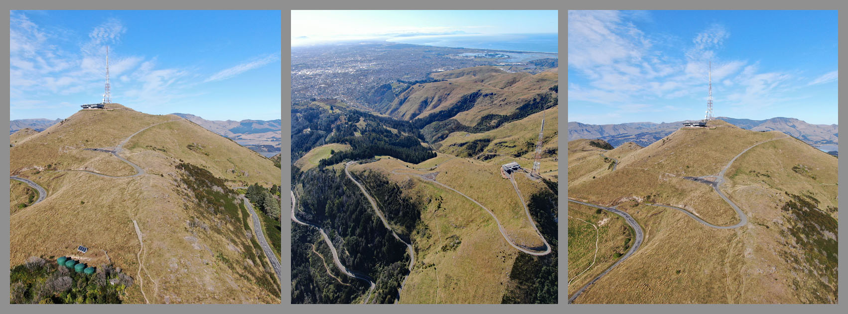 aerial drone views show the summit of the climb, Sugarloaf transmitter station