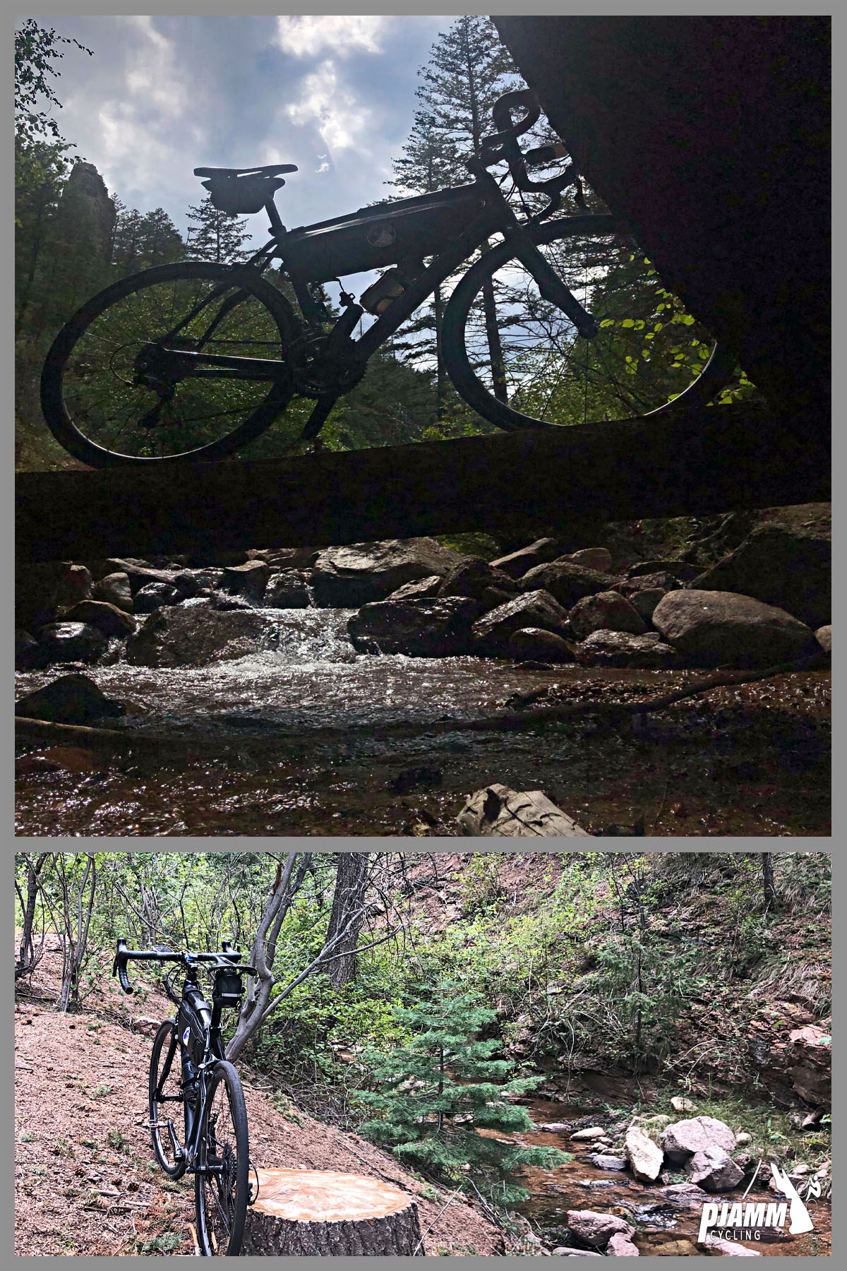 Cycling North Cheyenne Cañon, Colorado Springs - photo collage, PJAMM Cycling logo in corner, bike parked on low beam over creek with small waterfall, bike parked on hillside overlooking creekbed