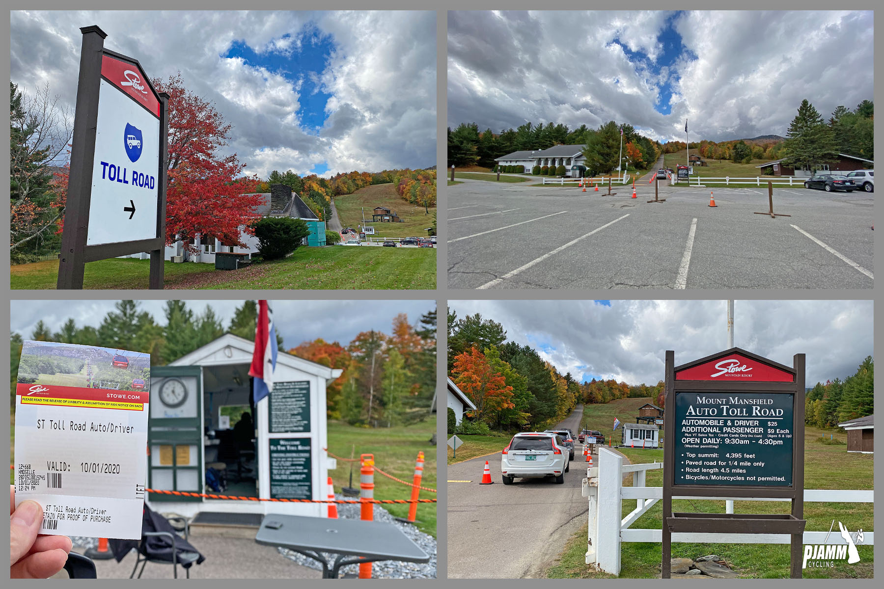 Cycling Mt. Mansfield, Vermont - photo collage, toll road, PJAMM Cycling logo in corner
