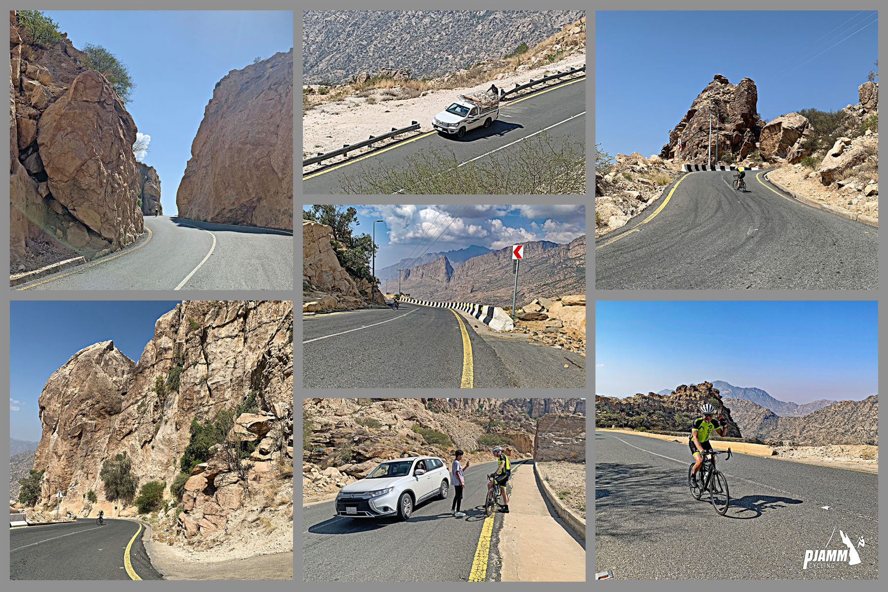 Cycling Parmah Pass, Saudi Arabia  - photo collage shows views along the climb, car stopped in roadway to talk to PJAMM Cyclist John Johnson while he was cycling this climb