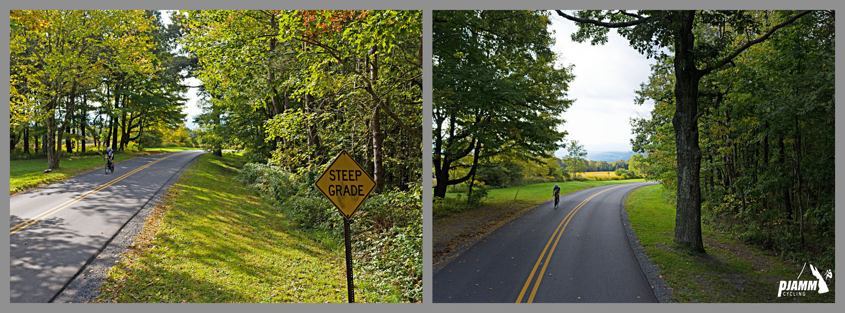 Cycling Pavia Road, Blue Knob State Park, Pennsylvania - cyclist climbing on steep stretch of straight, two-lane road covered in foliage, road sign reads "Steep Grade," PJAMM Cycling logo in corner