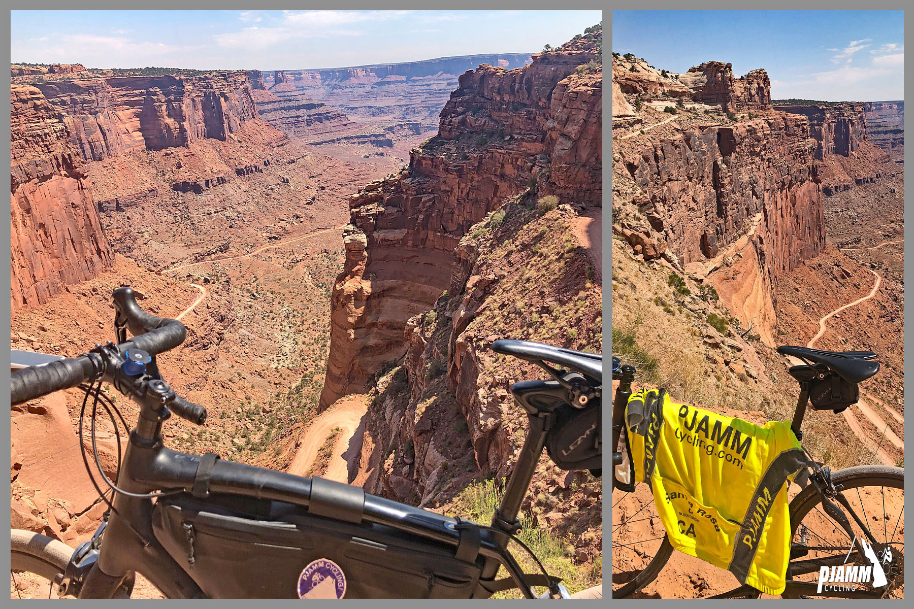 Cycling Shafer Trail, Canyonlands National Park - PJAMM Cycling logo in corner, bike parked along roadside overlooking sheer drop into canyons below, yellow PJAMM Cycling jersey draped over bike