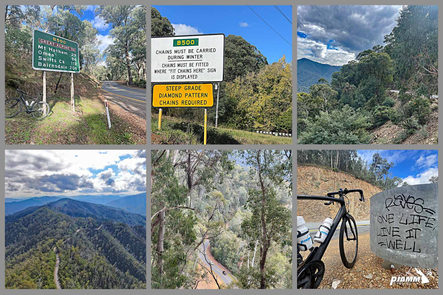 views along the climb including dense forestation, mountain roadways, bike parked next to graffitied guardrail reading "One life, live it well"