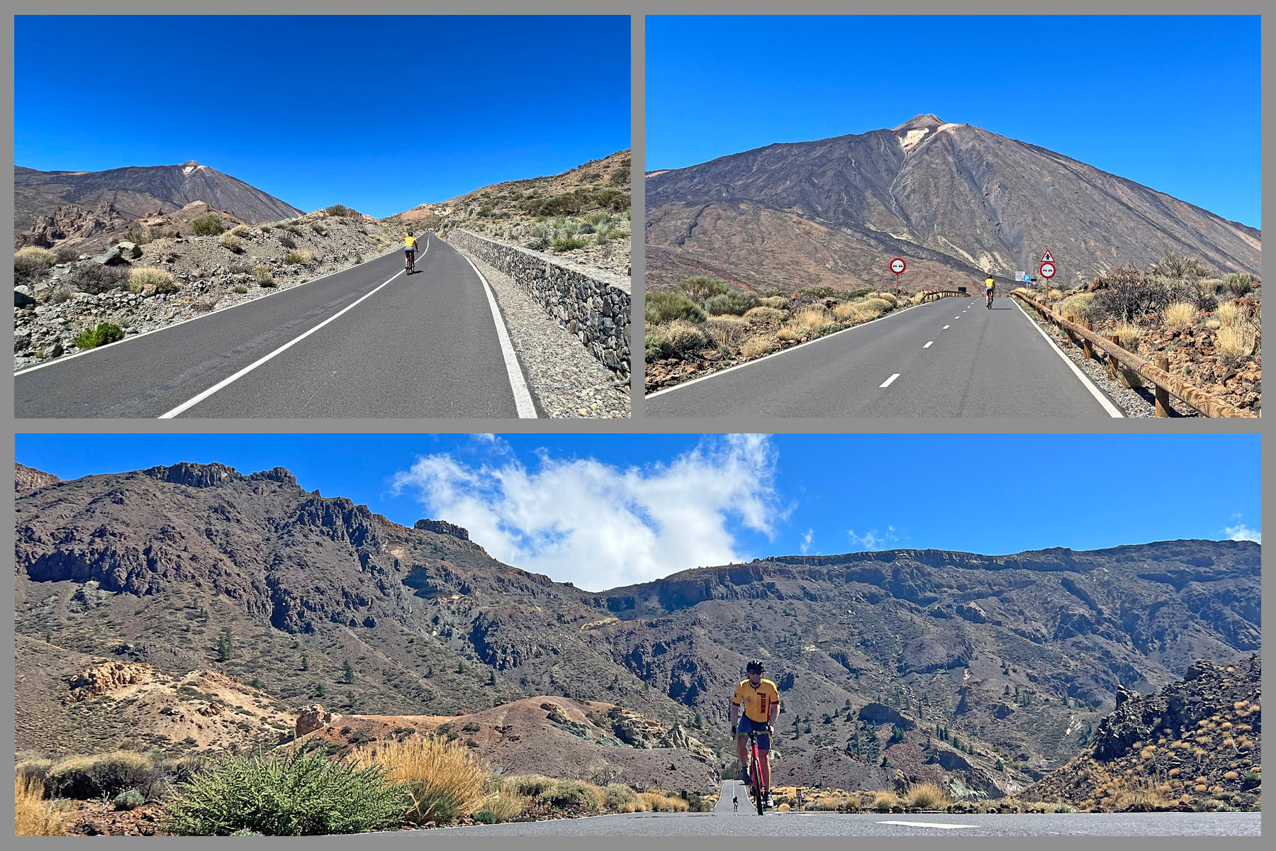  PJAMM Cyclist riding on two-lane highway roadway with Mt. Teide in background