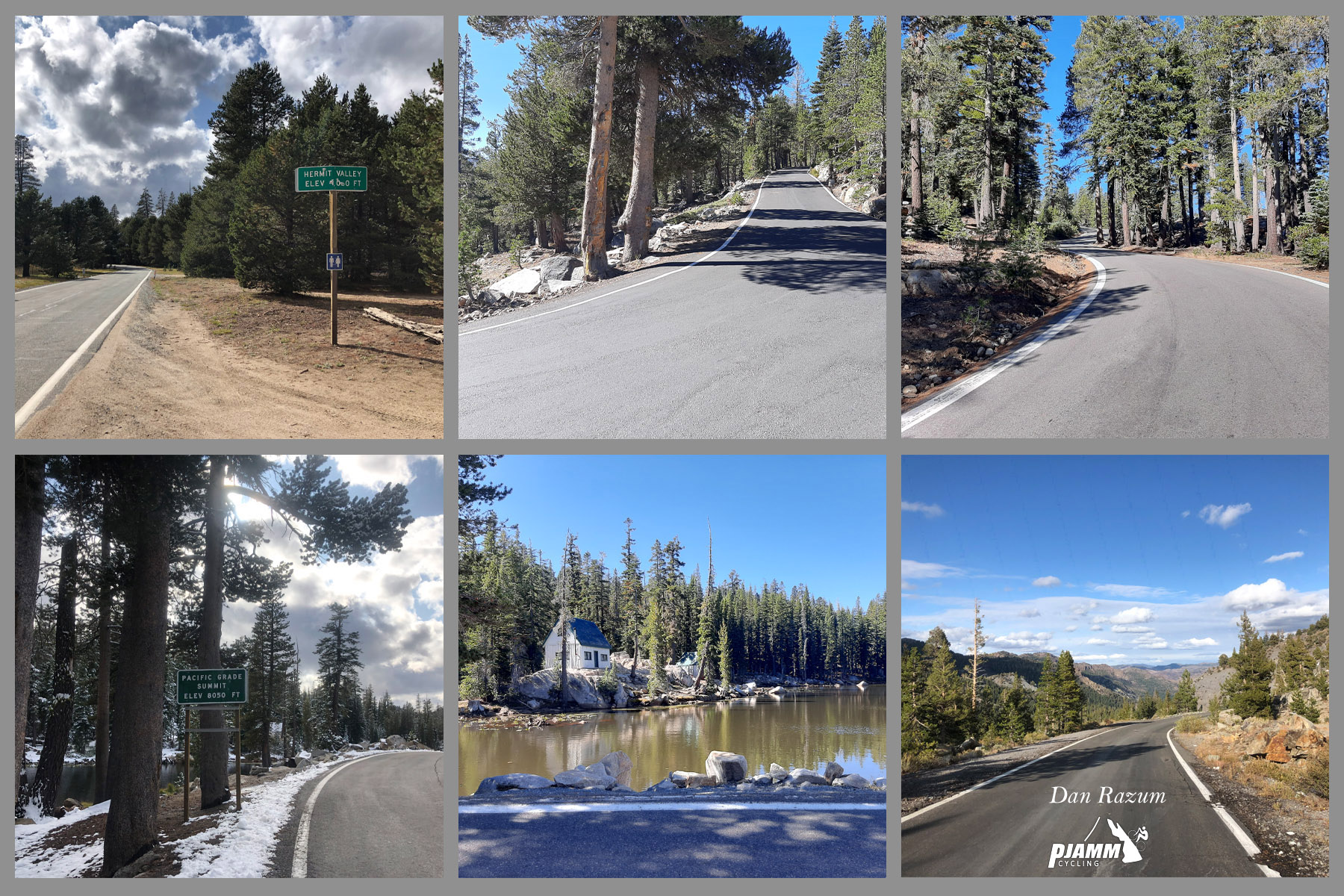 Pacific Grade, Death Ride Photo collage of views along the Pacific Grade climb, alpine setting, newly paved roadway, alpine lake