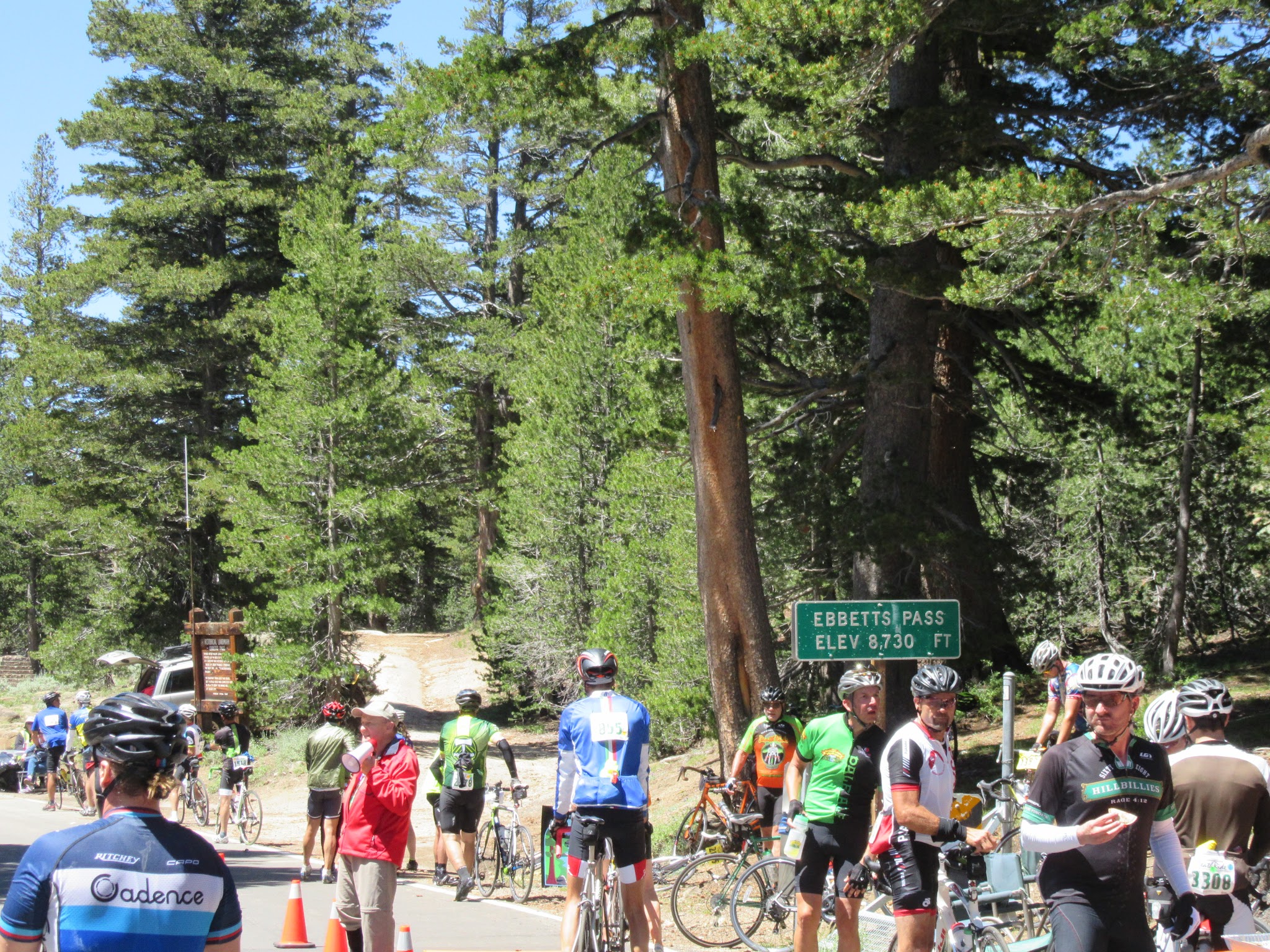 Ebbetts Pass East, Death Ride Cyclists congregate next to sign for Ebbetts Pass, Death Ride
