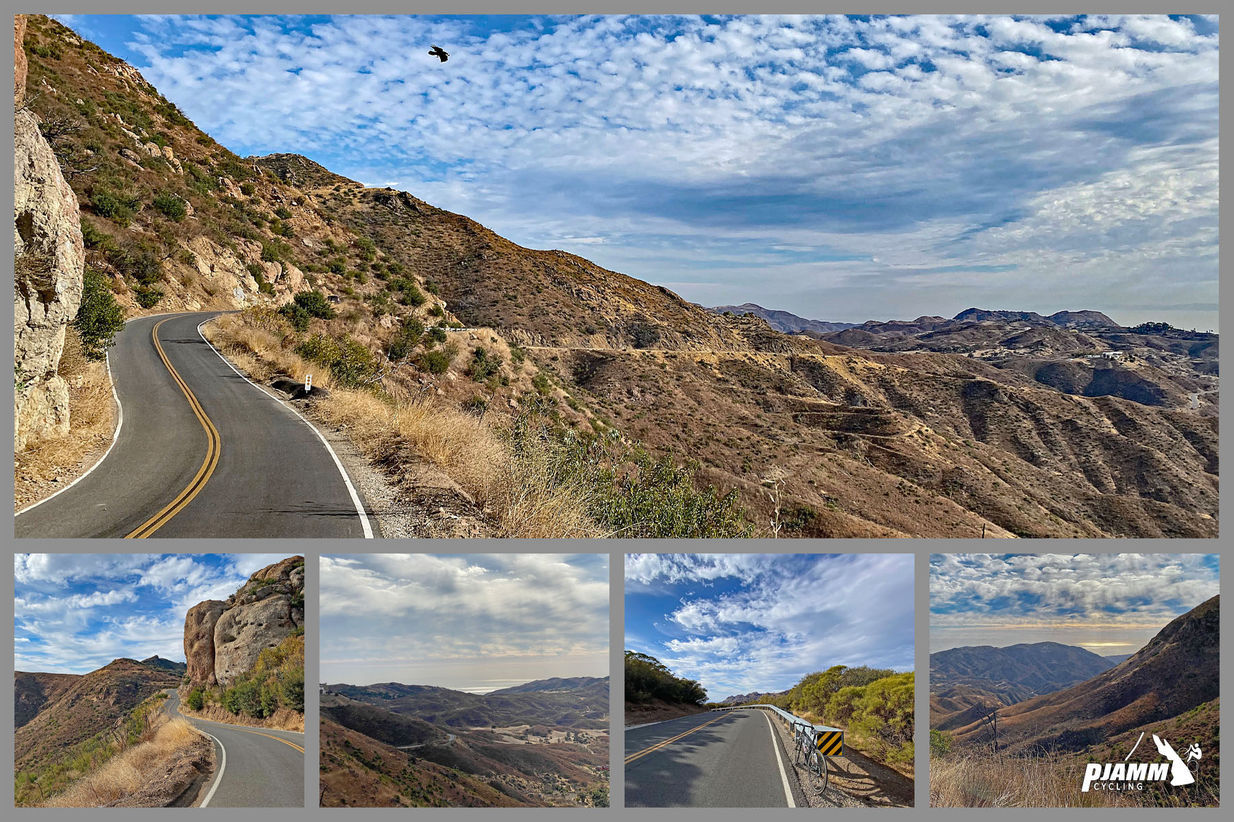 Cycling decker Road to Yerba Buena high point  - highway road climbing up hillside, blue sky, high desert landscape, Santa Monica Mountains