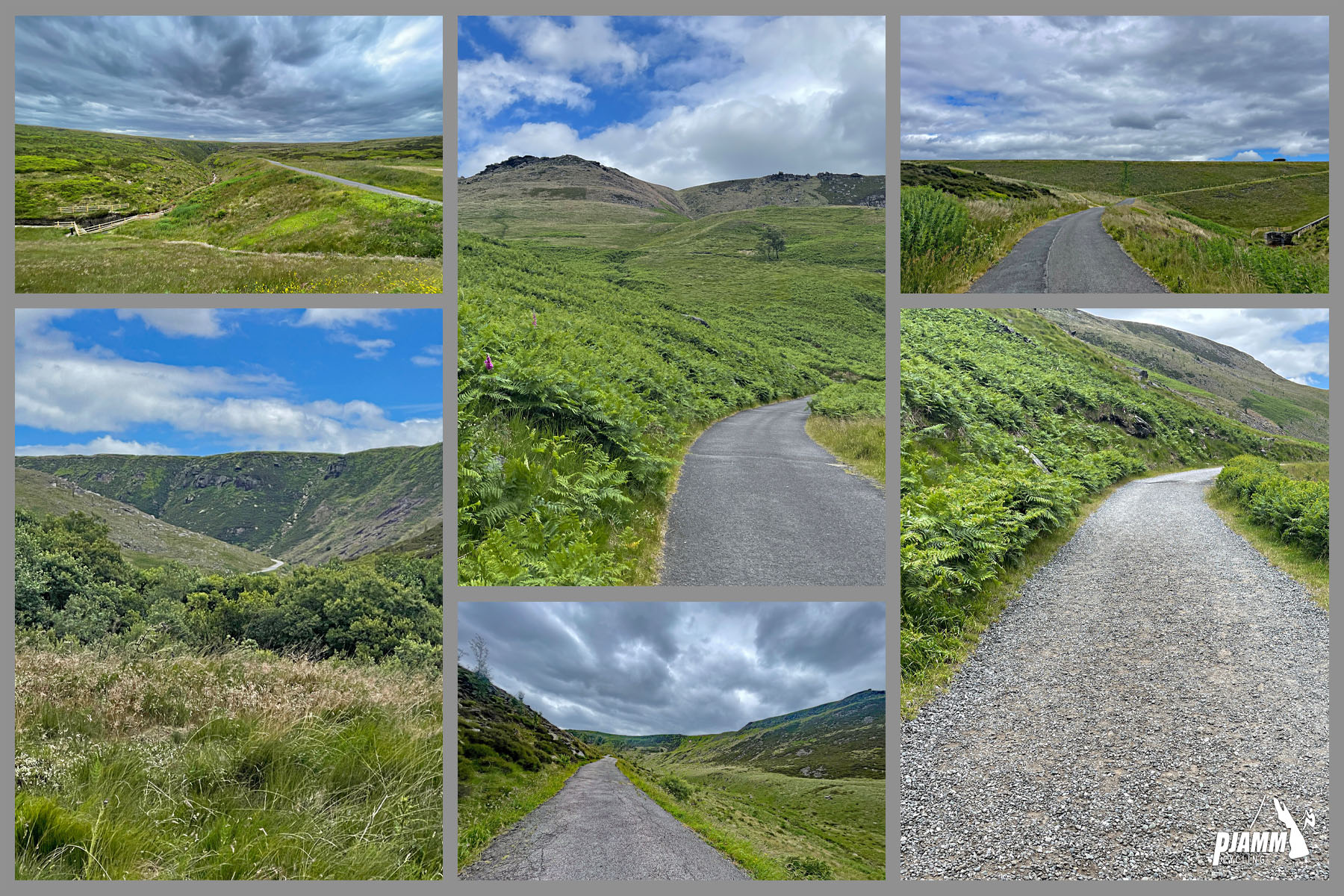 photo collage shows green hills and gravel roadway