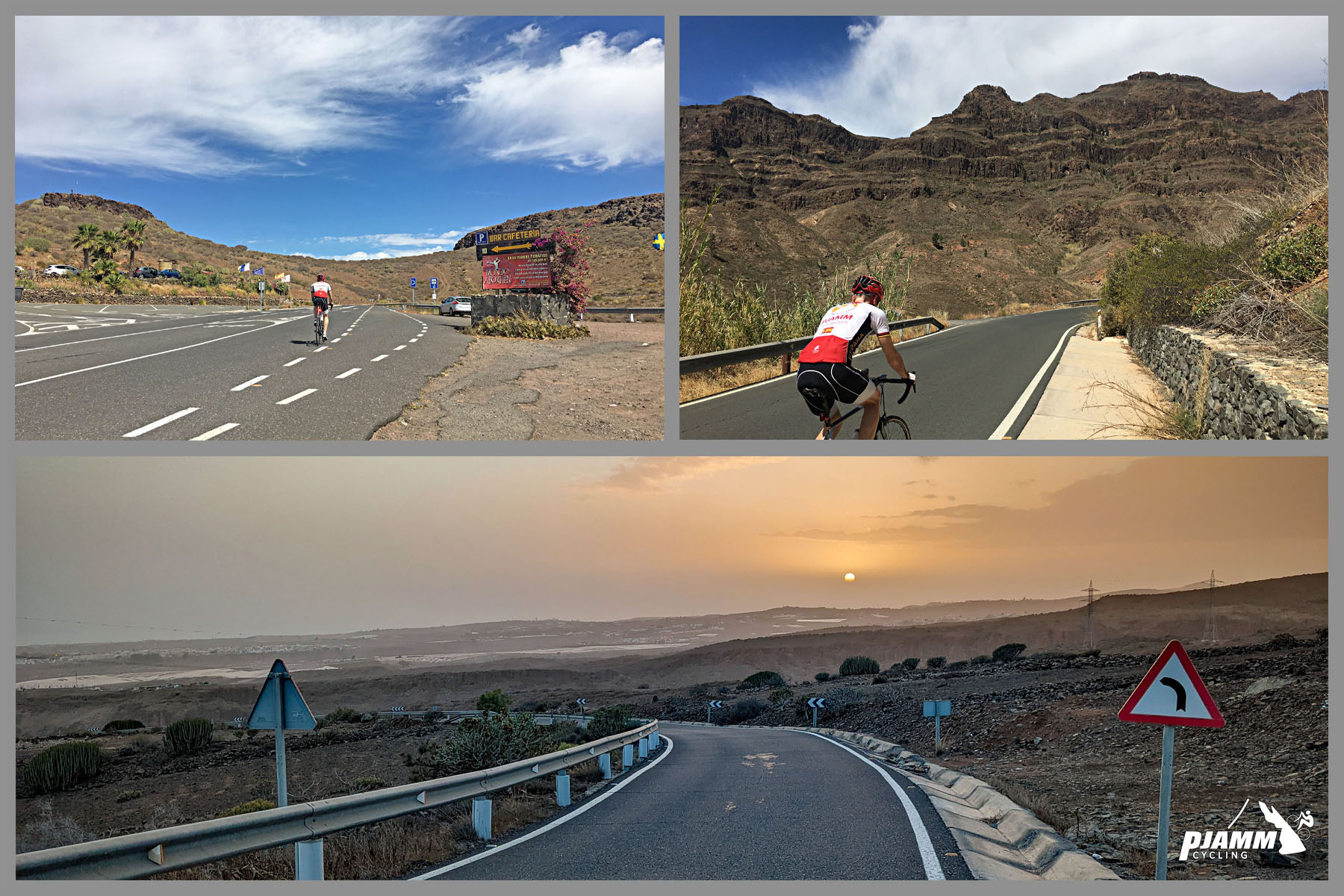 photo collage shows PJAMM Cyclist riding on well-paved highway roadway at beginning of Pico de las Nieves climb
