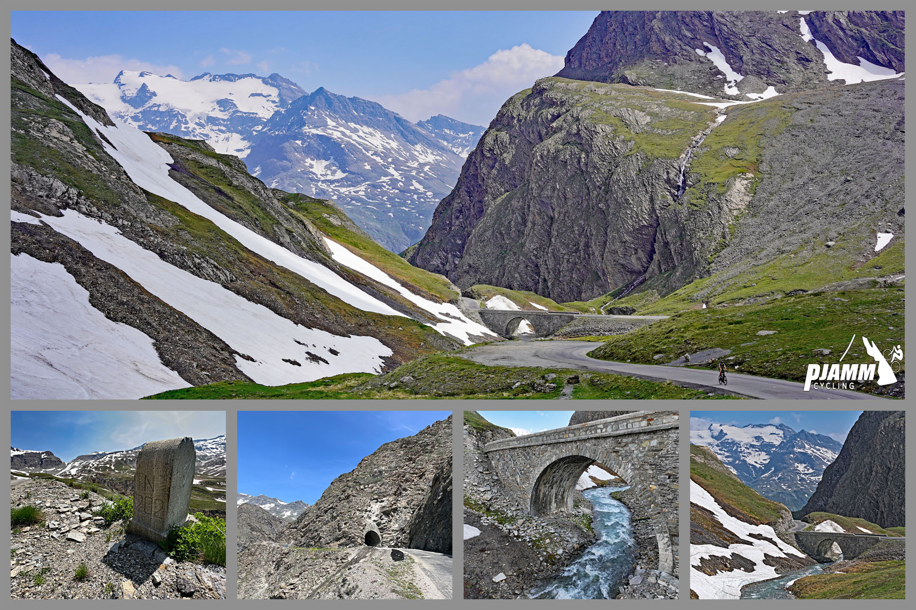 Col de L'Iseran from Bonneval-sur-Arc: photo collage shows stone bridge, stone markers, and snow-dotted mountainsides