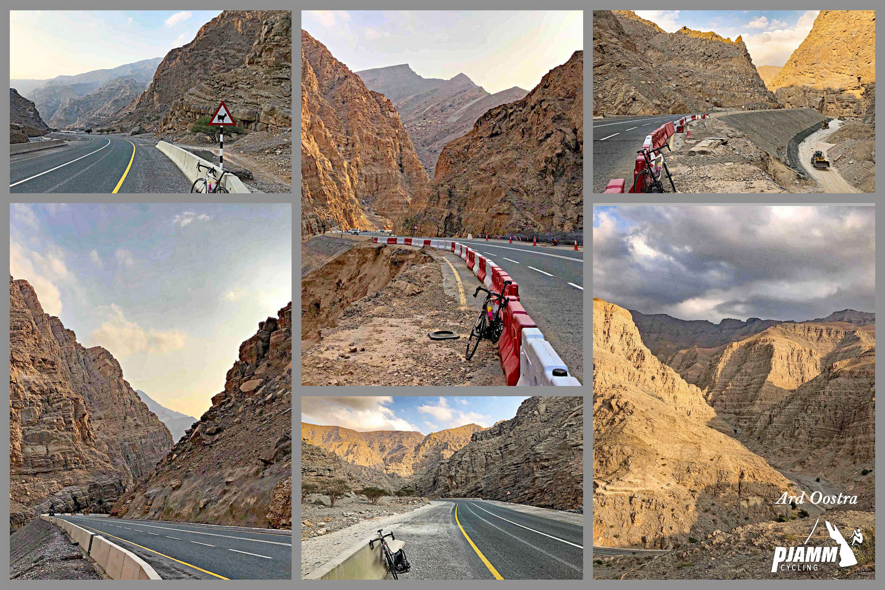 Jebel Jais, Ras Al Khaimah, UAE - pristine highway roadway cut into gorge in mountains, tall, craggy, brown rocky mountain sides on both side, road sign warns of goats crossing, PJAMM Cycling logo in corner