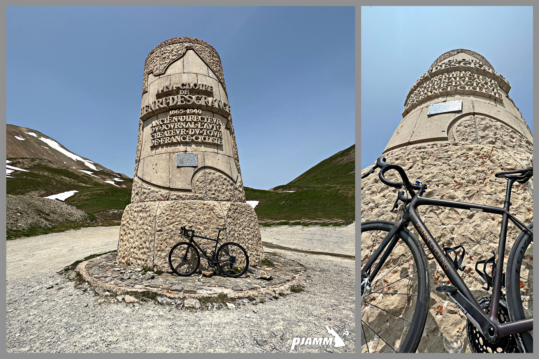 Cycling Col du Galibier & Telegraphe: bike parked against base of large stone memorial for Henri Desgrange, first director of Tour de France