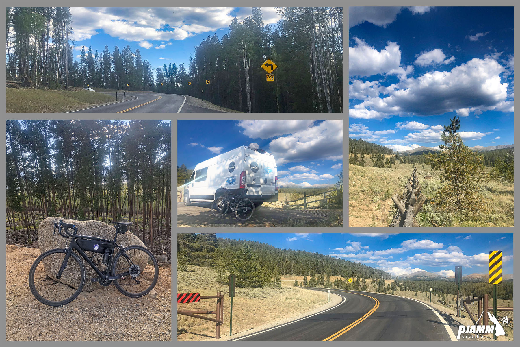 Cycling Cottonwood Pass, Taylor Camp, Colorado - photo collage, PJAMM Cycling logo in corner, PJAMM Cycling's white SAG van parked along roadside, two-lane roadway surrounded by tall pine trees, bike parked against large grey stone, roadway beyond opened road closure fence