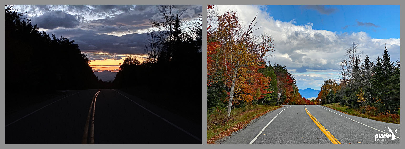 Cycling Whiteface Mountain - view from center of two-lane road looking back toward Willmington just before entering toll gate, at morning (before sunrise), and afternoon, with bright skies and fall foliage