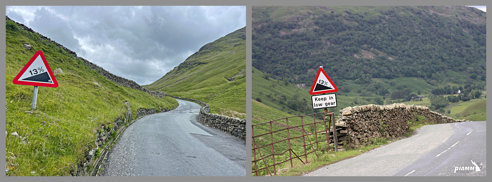 road signs read 13% grade