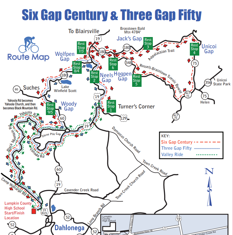 Georgia's Six Gap Century bike climb, route map