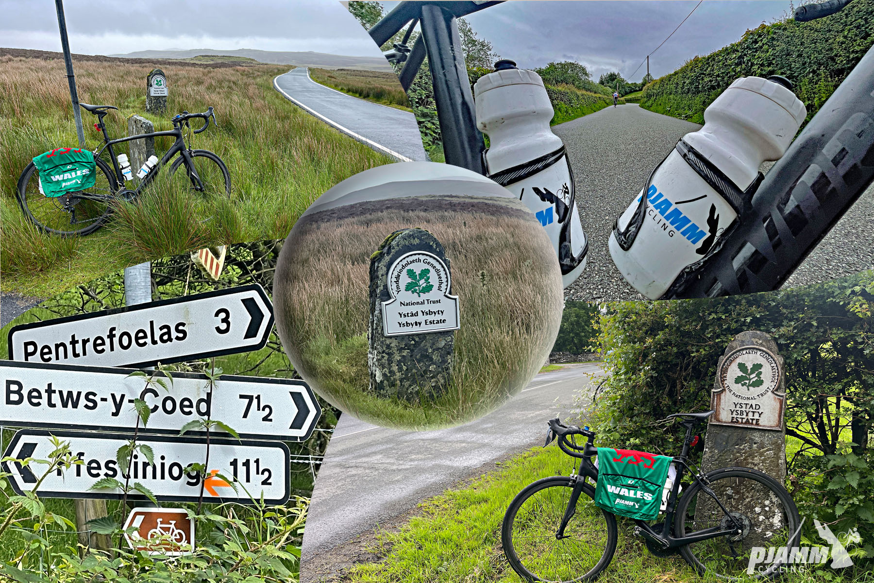 Cycling Migneint Pass, Wales photo collage shows bike parked next to various National Park and Estate signs, moorland, street signs for Pentrefoelas, Betws-y-Coed