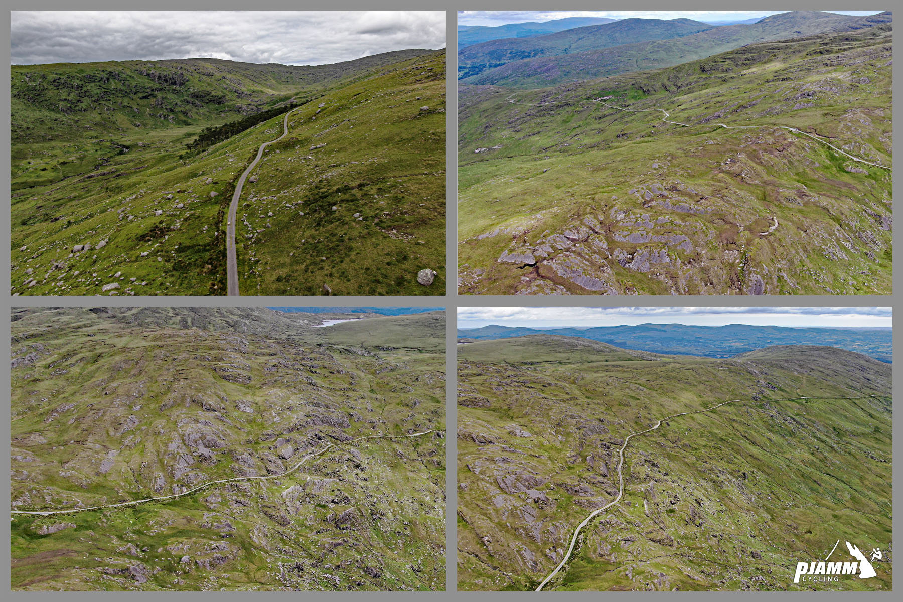 photo collage shows aerial drone views of the stark terrain along the last few kilometers of the climb