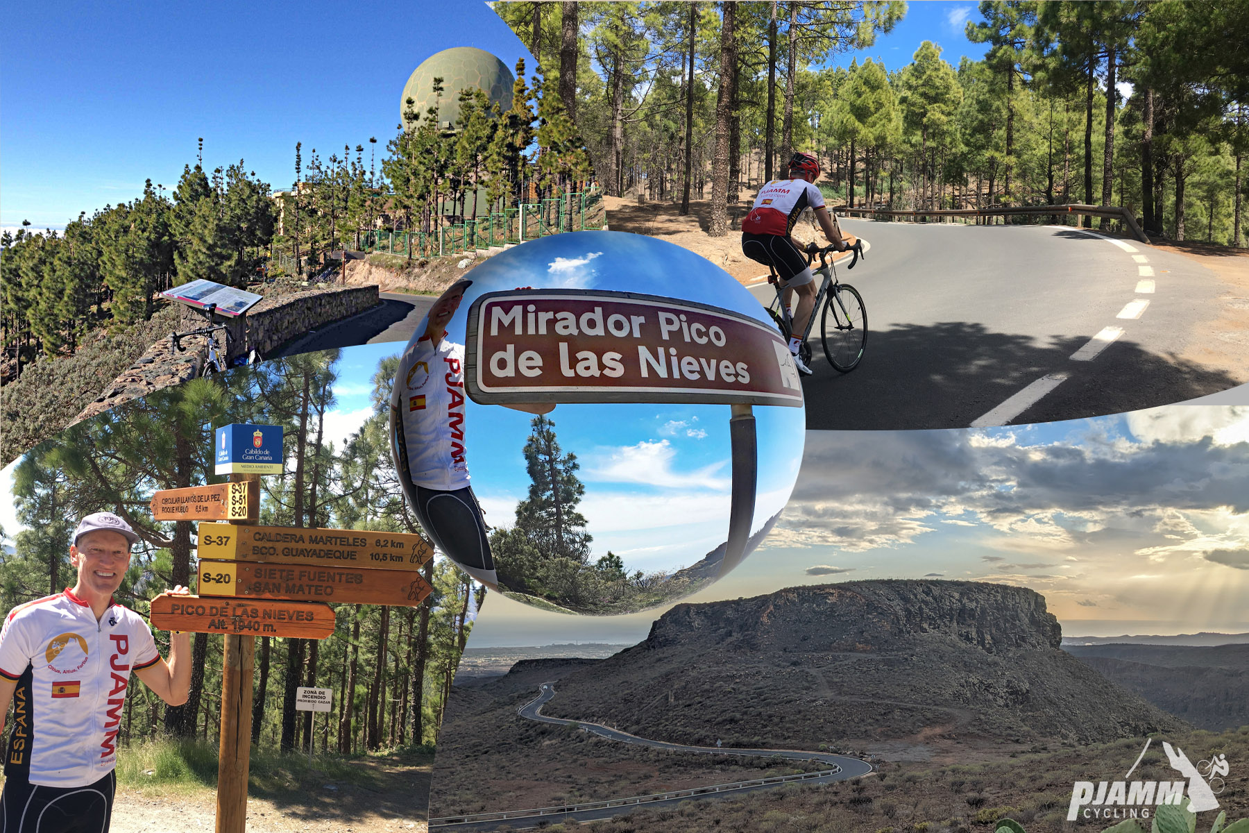 photo collage shows sign for Mirador Pico de las Nieves, alpine setting, PJAMM cyclist standing next to informational signs, plateau along climb route