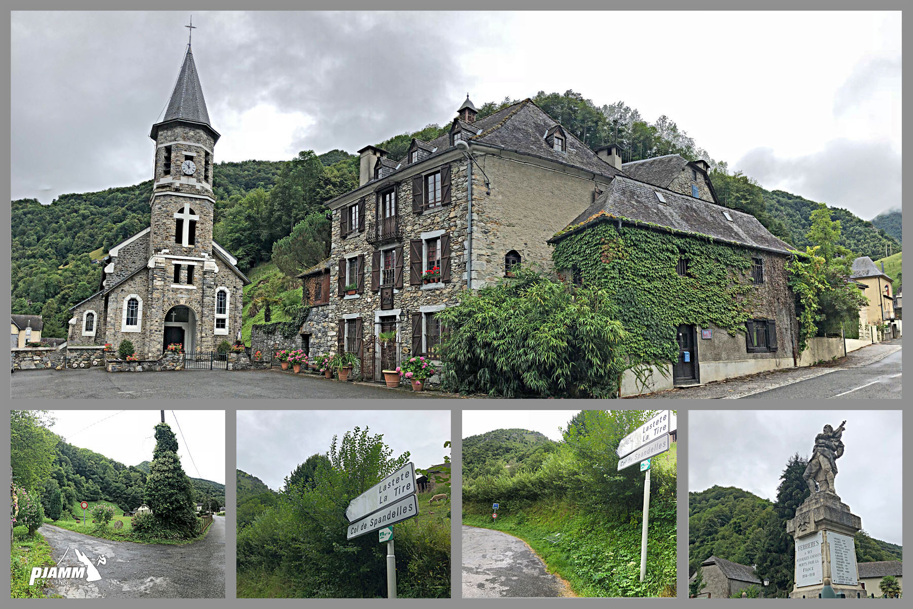 photo collage showing old stone church and hotel building in town of Ferrieres