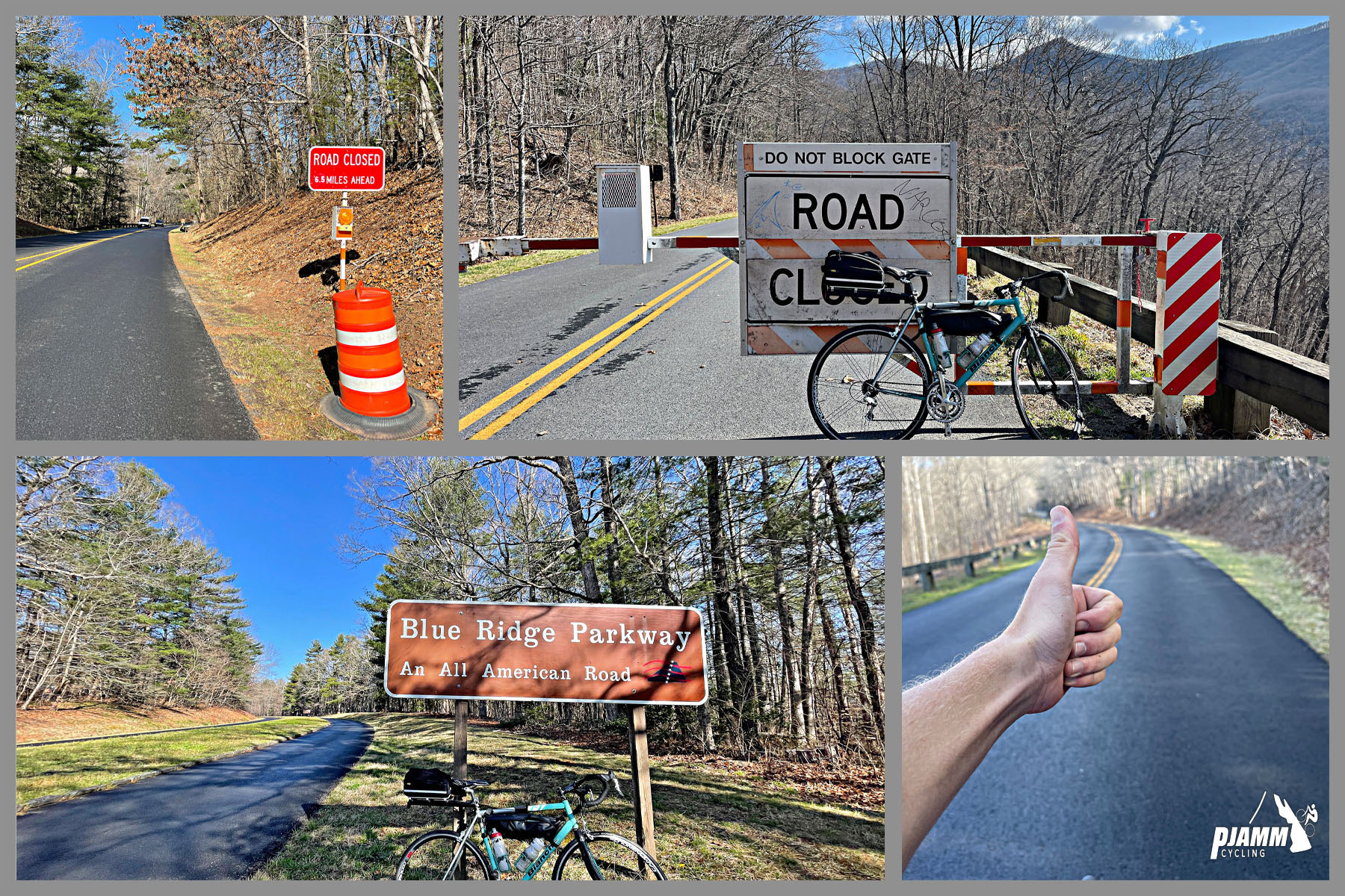 photo collage shows bike parked in front of sign for closed road; bike parked in front of road sign for Blue Ridge Parkway