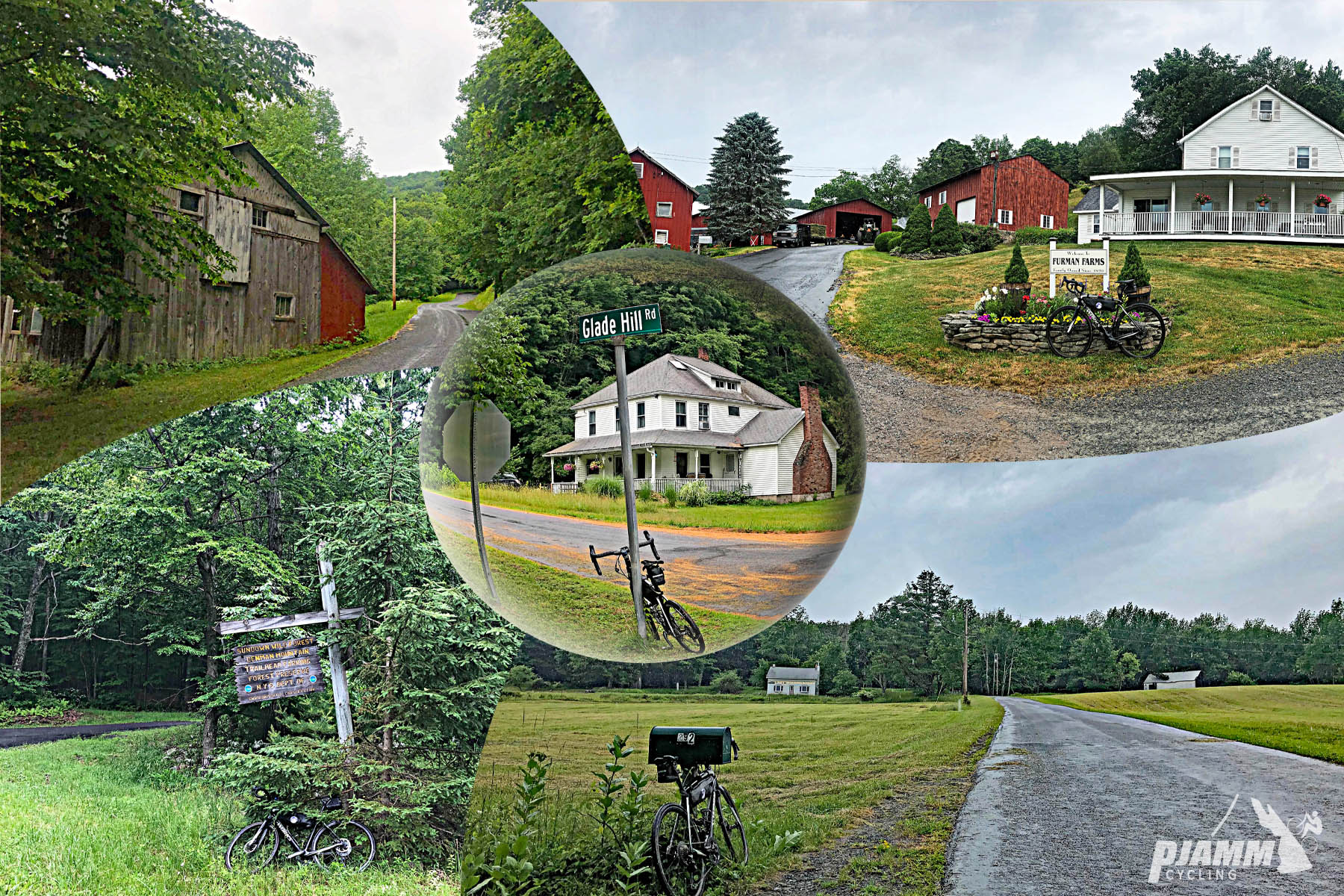 Cycling Glade Hill Road, Grahamsville, New York - photo collage, PJAMM Cycling logo in corner, bike parked in front of various old and country buildings, one-lane country roads