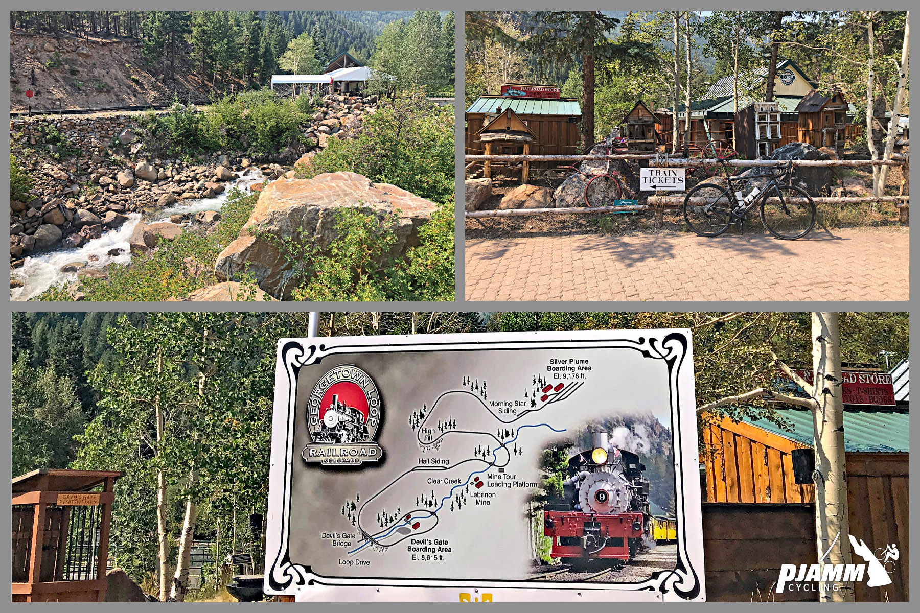 Cycling Loveland Pass from Georgetown - photo collage, PJAMM Cycling logo in corner, Georgetown Loop Railroad Station, creek running along the station