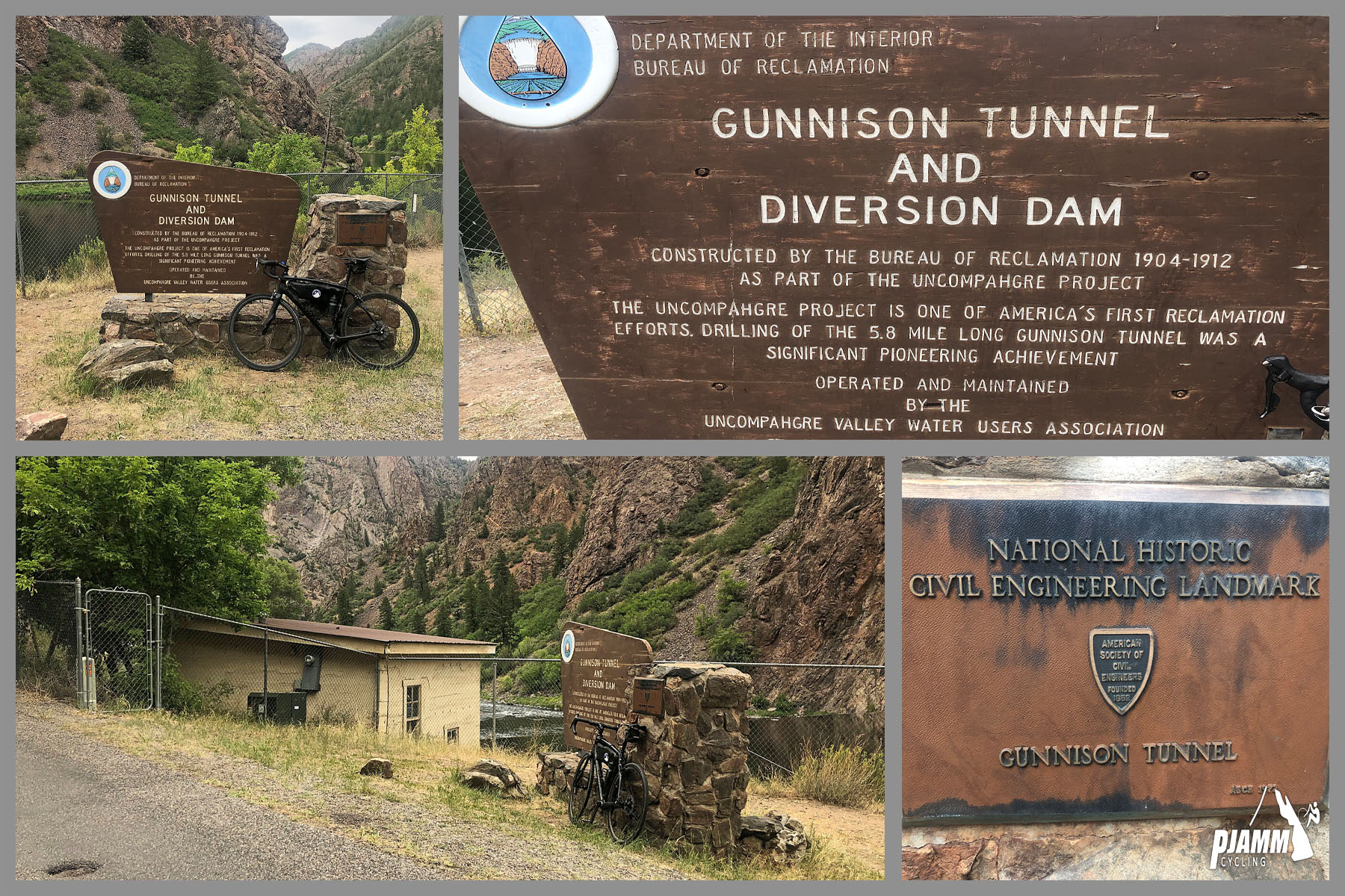 Cycling East Portal, Colorado - photo collage, PJAMM Cycling logo in corner, signs for Gunnison Tunnel and Diversion Dam, bike parked next to sign, sign for National Historic Civil Engineering Landmark