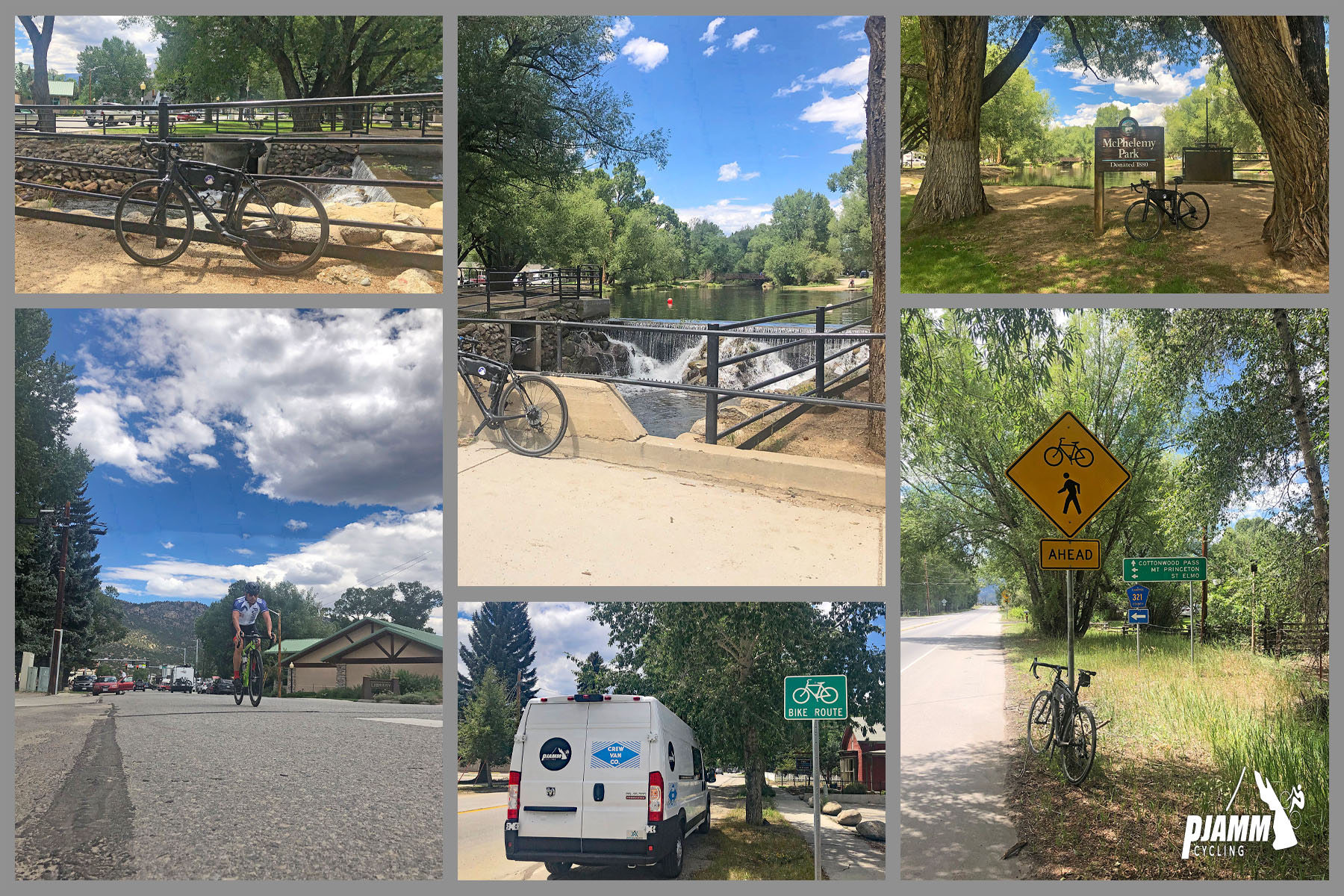 Cycling Cottonwood Pass, Colorado - photo collage, PJAMM Cycling logo in corner, bike parked at various spots along the beginning of the climb, next to road signs, on bridges, PJAMM Cycling's white SAG van parked next to bike route road sign