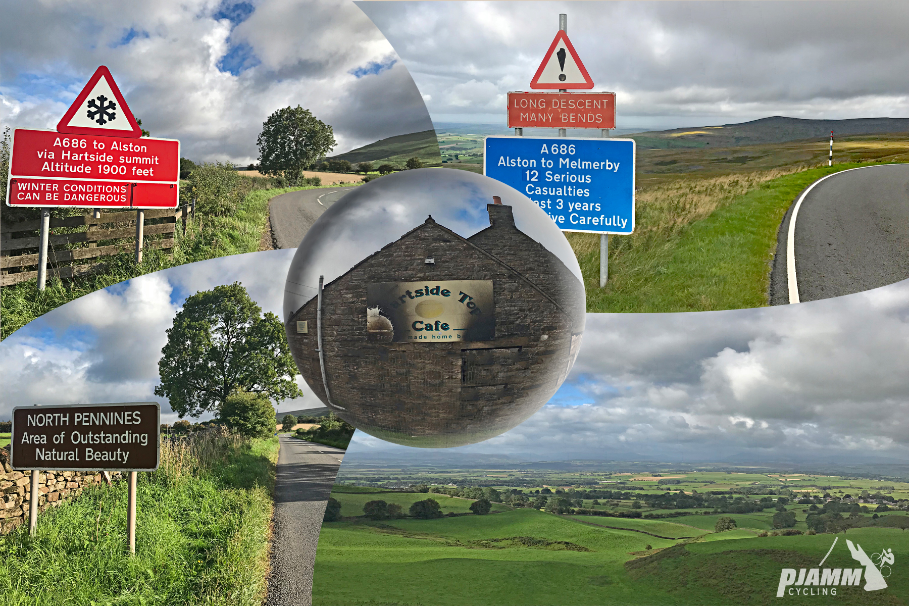 Cycling Hartside, UK - road signs warning of harsh winter road conditions and long descent with many bends, North Pennines Area of Outstanding Natural Beauty road sign, view from ride summit of lush green pastures, burned brick facade of Hartside Cafe