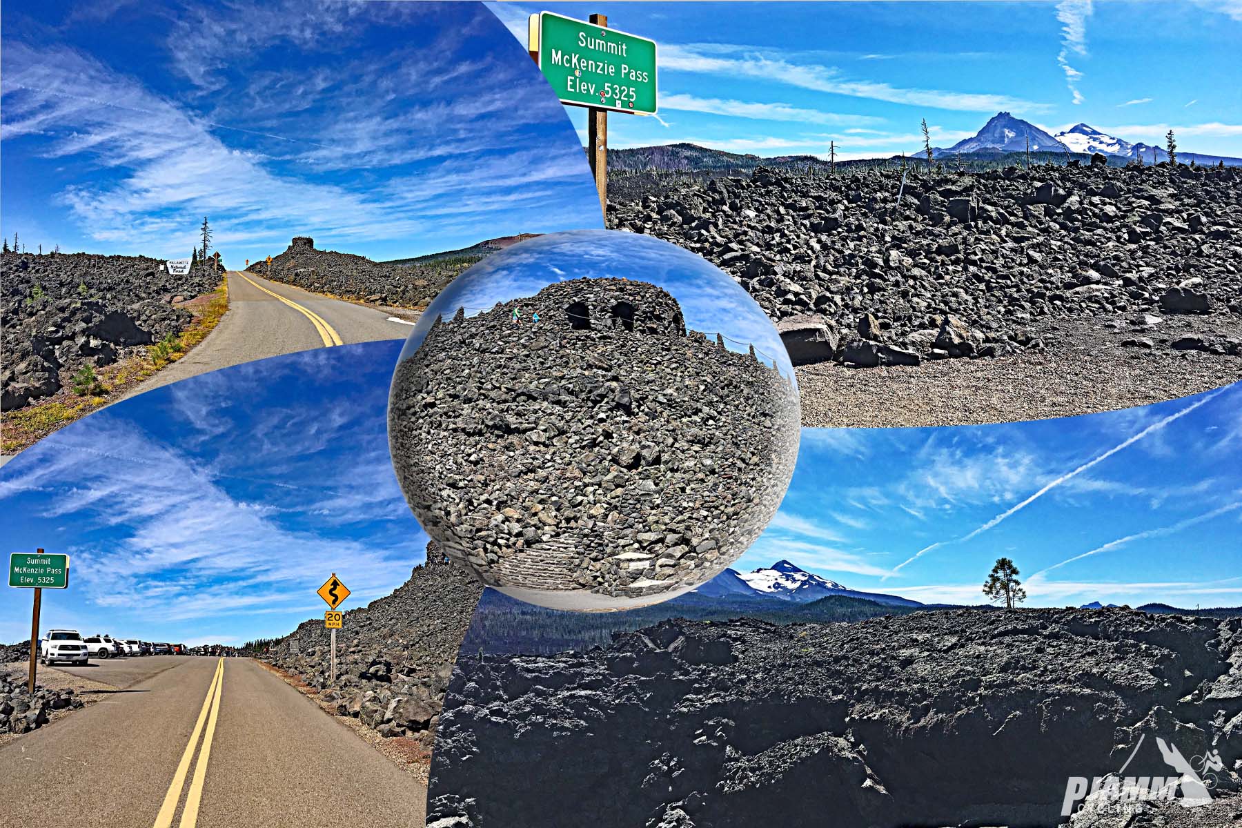 Cycling McKenzie Pass West - summit sign, road, lava field