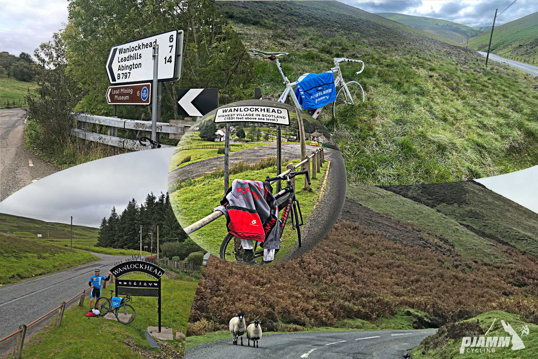 Cycling Mennock Pass, Scotland photo collage shows bike parked next to various signs along the climb: Wanlockhead, Leadhills, Abington, sheep in roadway