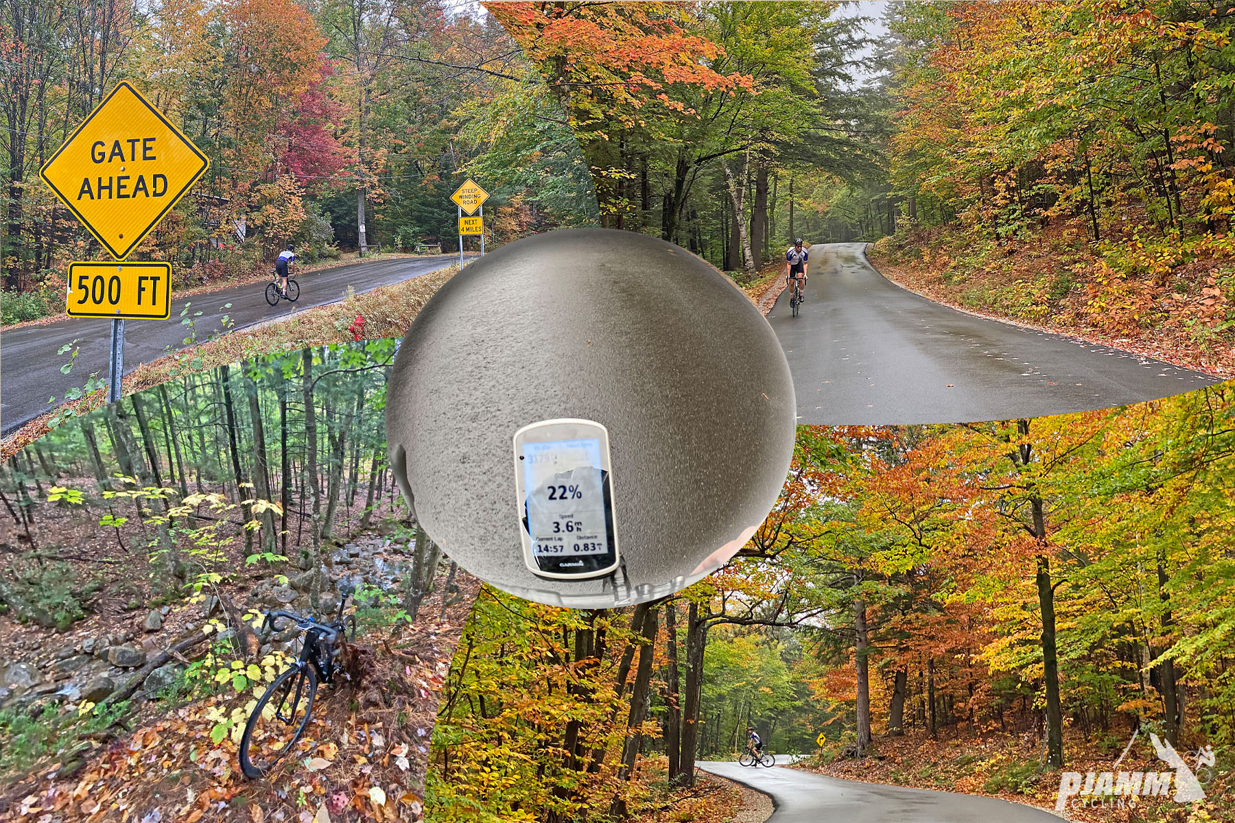 Cycling Hurricane Mountain Road West, New Hampshire - photo collage, Garmin device reading 22% grade, bike parked in forestation on side of road, dense fall foliage, PJAMM Cycling logo in corner