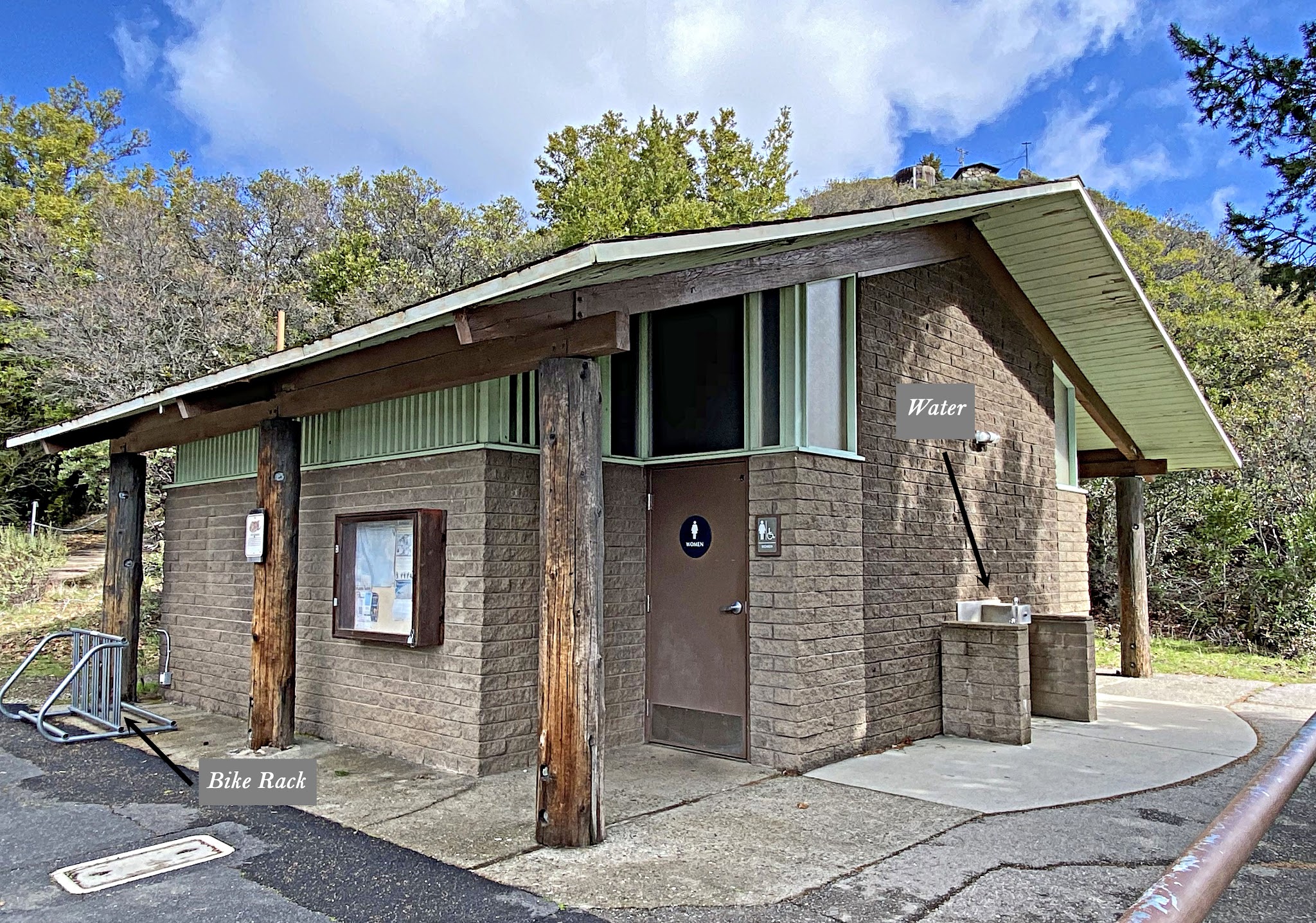 East Peak Route finish - bathrooms, bike rack, and water