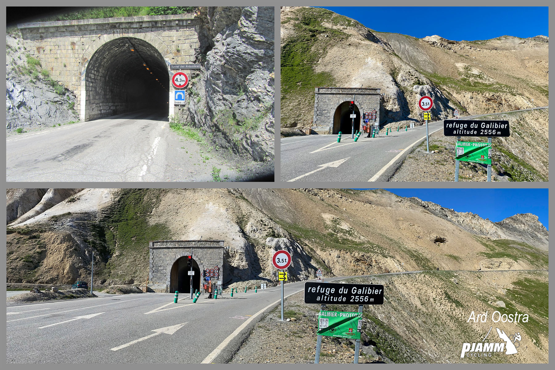 photo collage shows entrance to tunnel (refuge du Galibier), one kilometer from climb finish