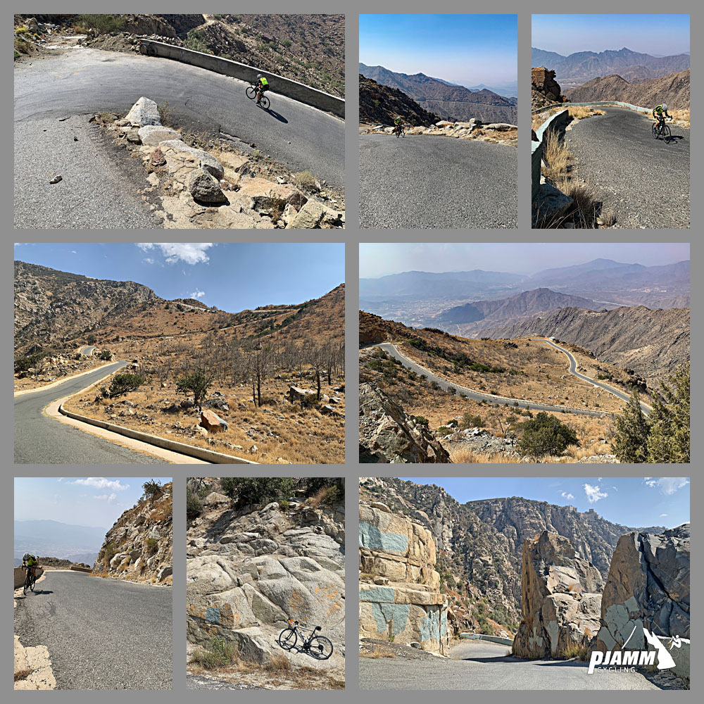 Cycling Sinan Road (Al Meger), Saudi Arabia - photo collage shows views along the roadway, PJAMM Cyclist John Johnson cycling up steep hairpin along roadway