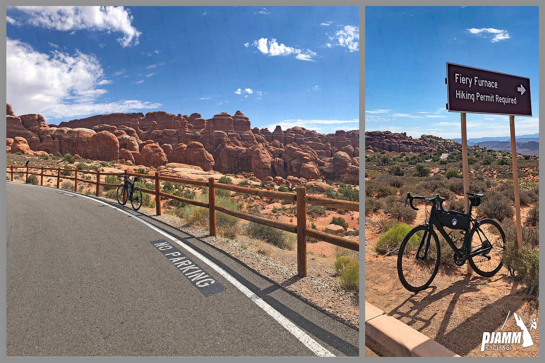 Cycling Arches National Park, Utah - photo collage, PJAMM Cycling logo in corner, bike parked in front of fence and next to road sign for Fiery Furnace trail