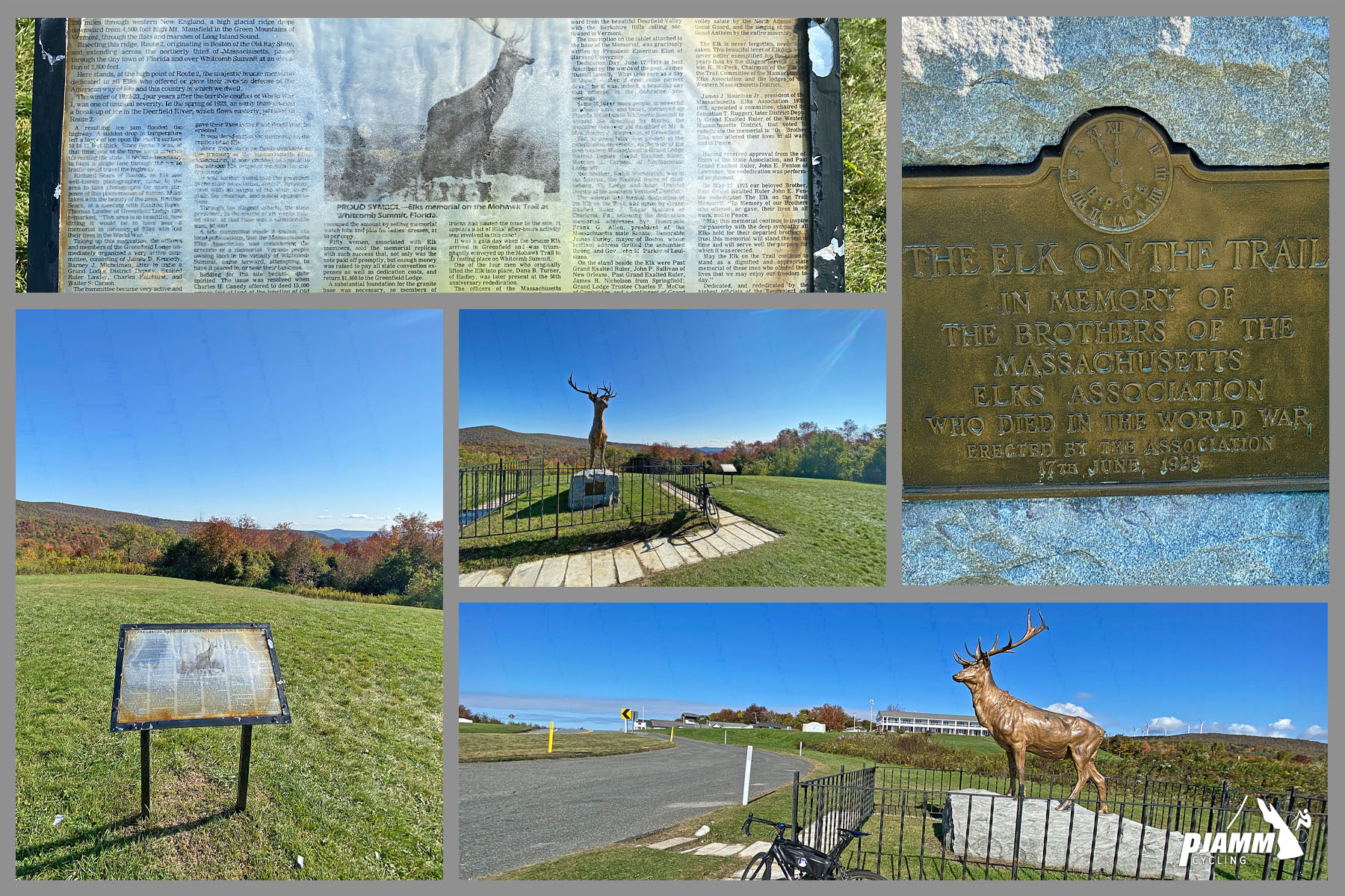 Cycling Whitcomb Hill Road, Massachusetts - stag monument and placards and informational sign just before climb's summit