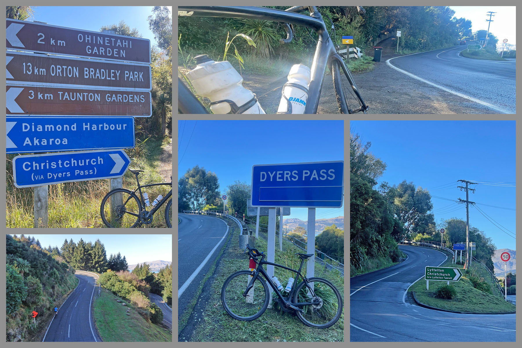 street sign at climb's start: Christchurch via Dyers Pass, Dyers Pass, Diamond Harbour Akoroa