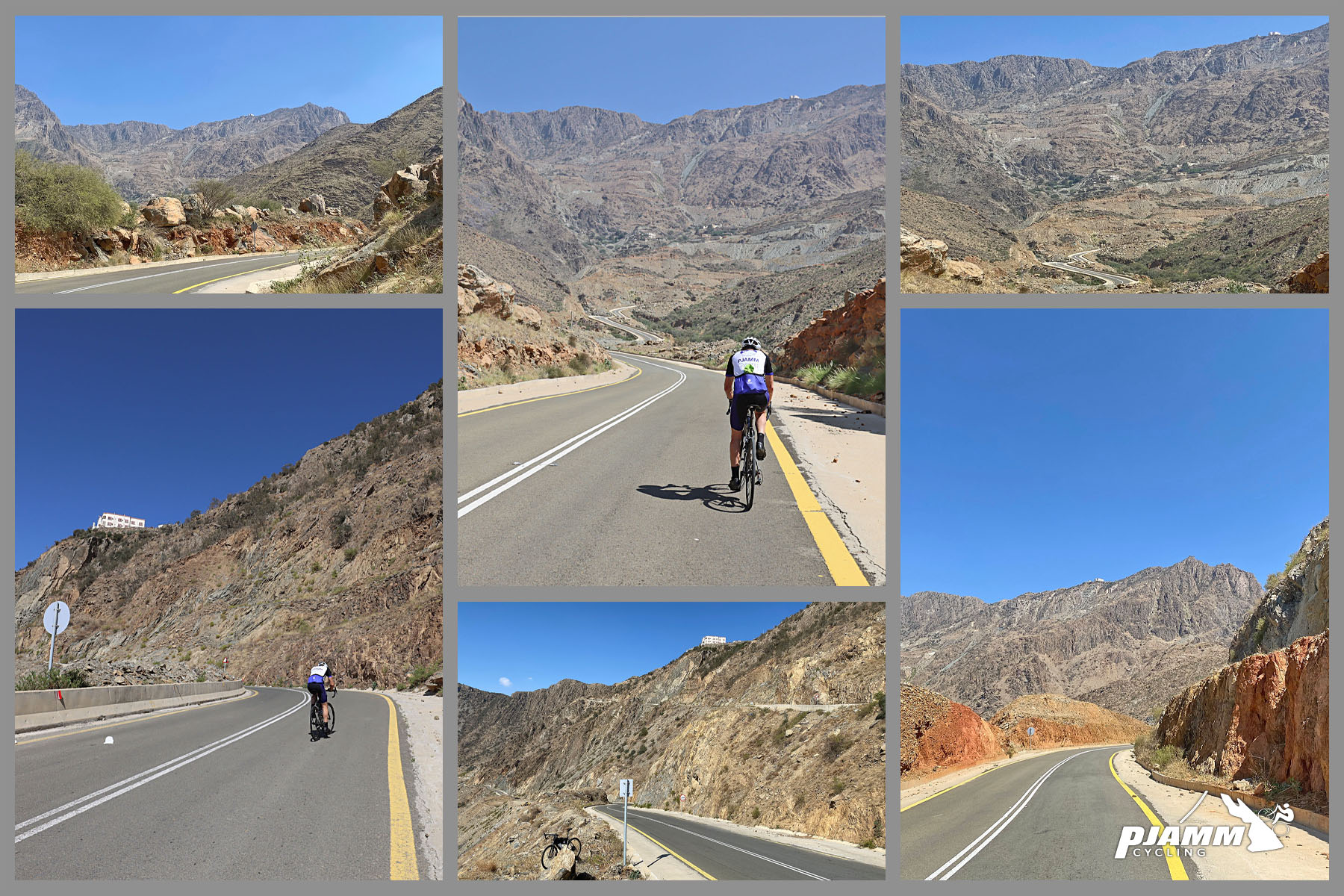 Cycling Bani Horairah - photo collage, views along the climb, white house can be seen perched atop mountains in the distance, signifying end of climb