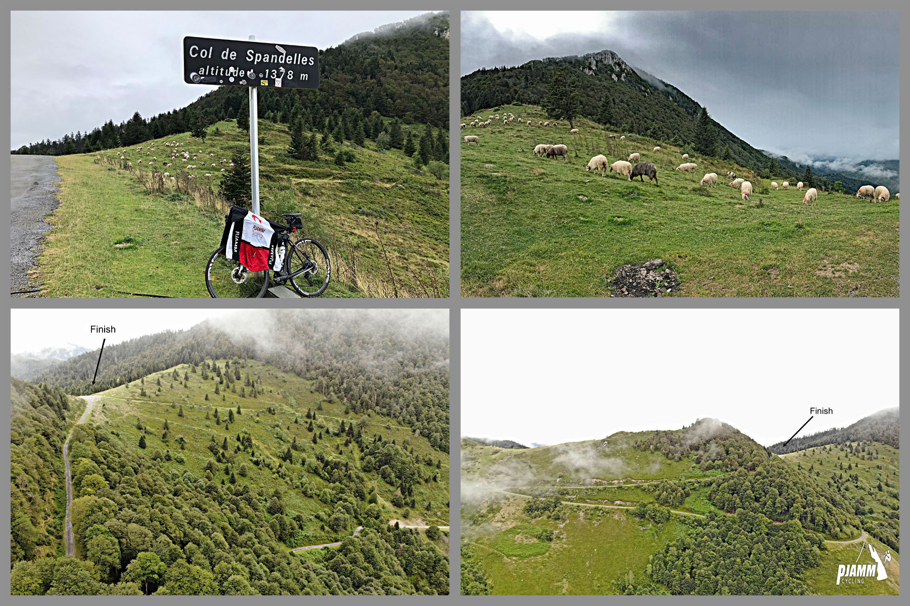 photo collage shows street sign for Col de Spandelles; sheep grazing in pasture; road up mountainside with Finish pointed out