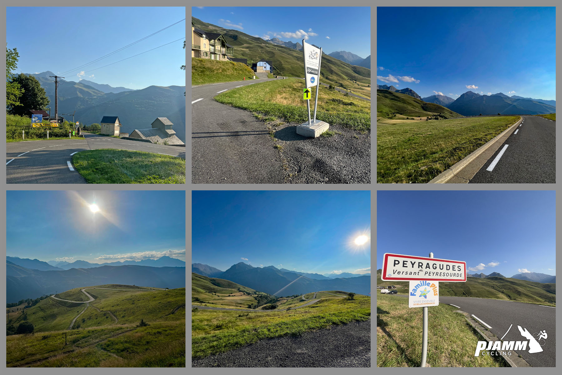 photo collage shows views along the climb including sun shining down on mountains, road signs for Peyragudes