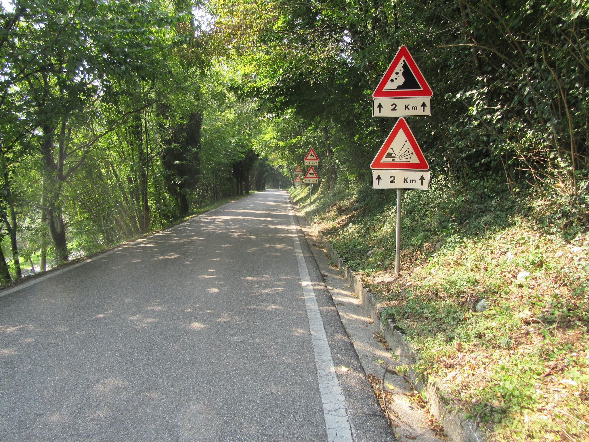 Bicycling  Monte Grappa from Semonzo road surrounded by trees, steep road sign