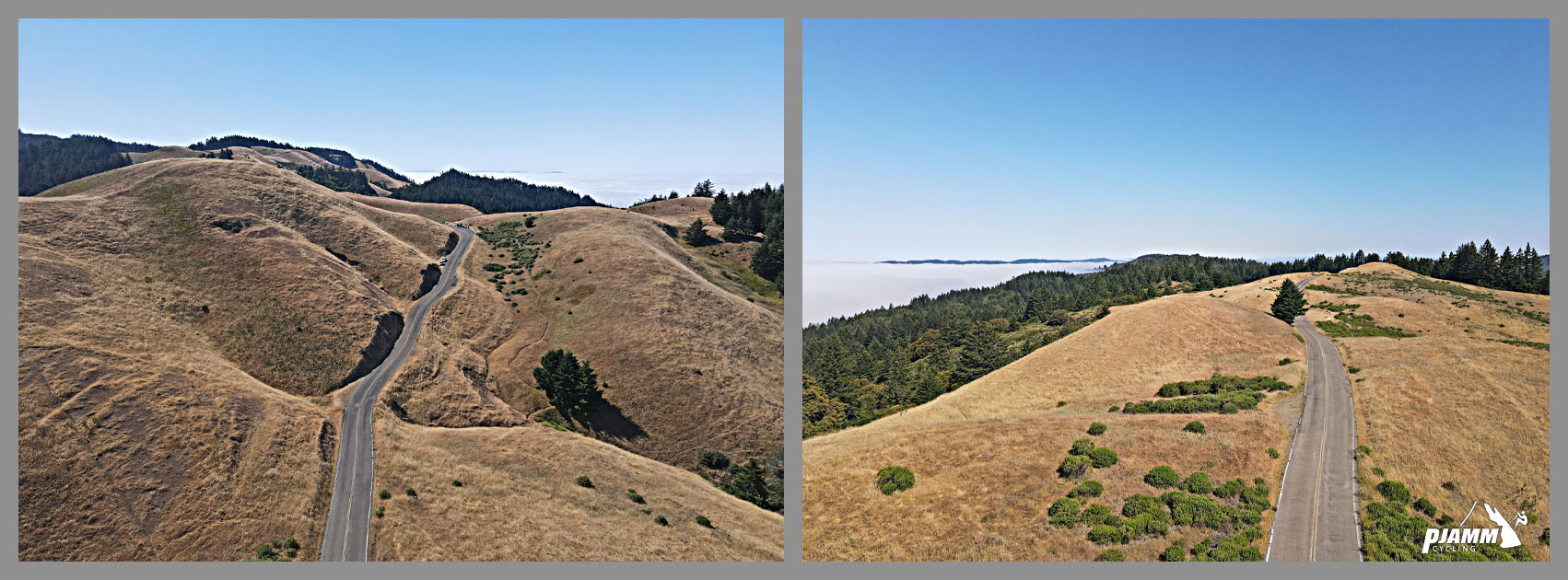 Roadway snaking across mountain ridge top, fog over Pacific Ocean in background