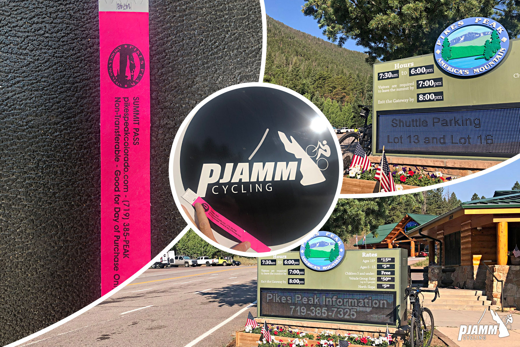 Cycling Pikes Peak - photo collage, PJAMM Cycling logo in corner, toll booth and ticket to enter Pikes Peak climb