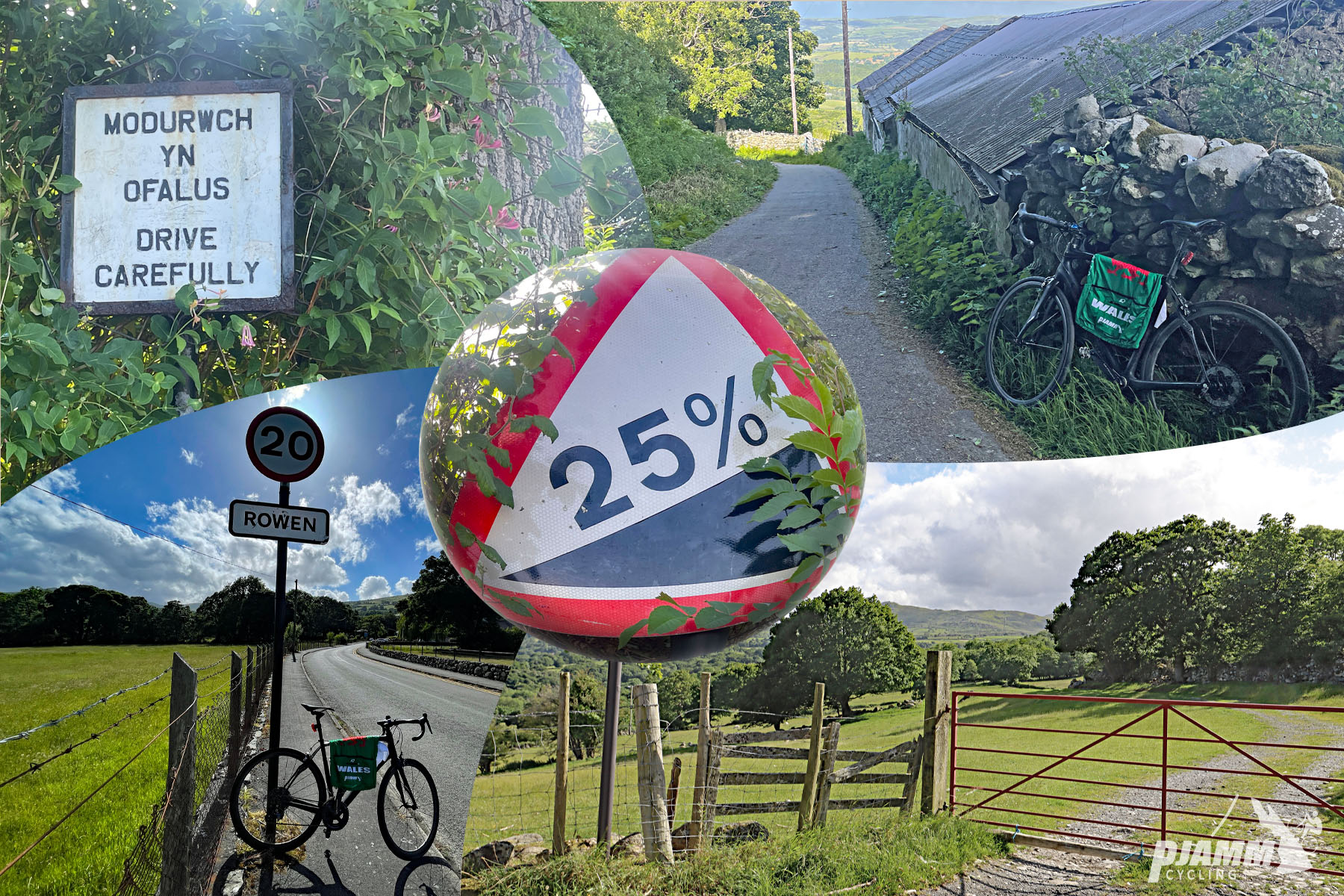 photo collage shows signs and views along the climb, including 25% grade sign