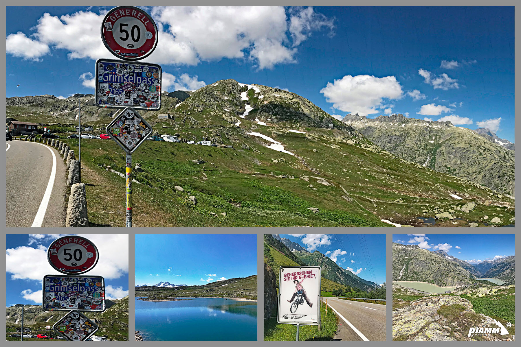 Cycling Grimselpass, Intertkirchen, Switzerland - ride summit, lake Totensee bright freshewater blue, Griselsee lake is murky greenish grey from glacier water 