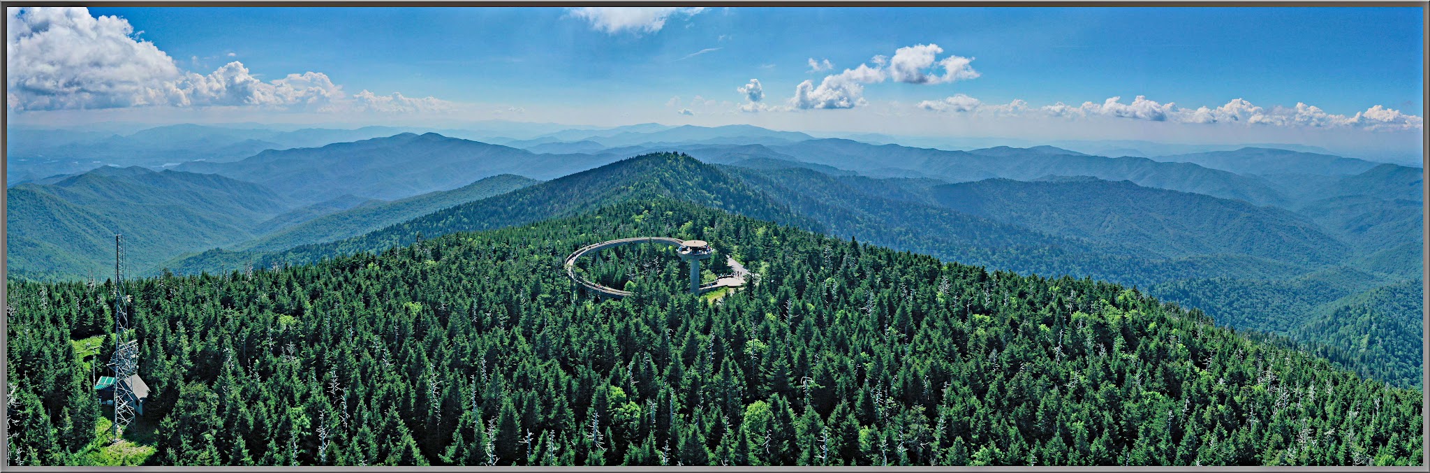 Cycling Clingmans Dome, North Carolina - aerial view from afar of lookout tower at Clingmans Dome