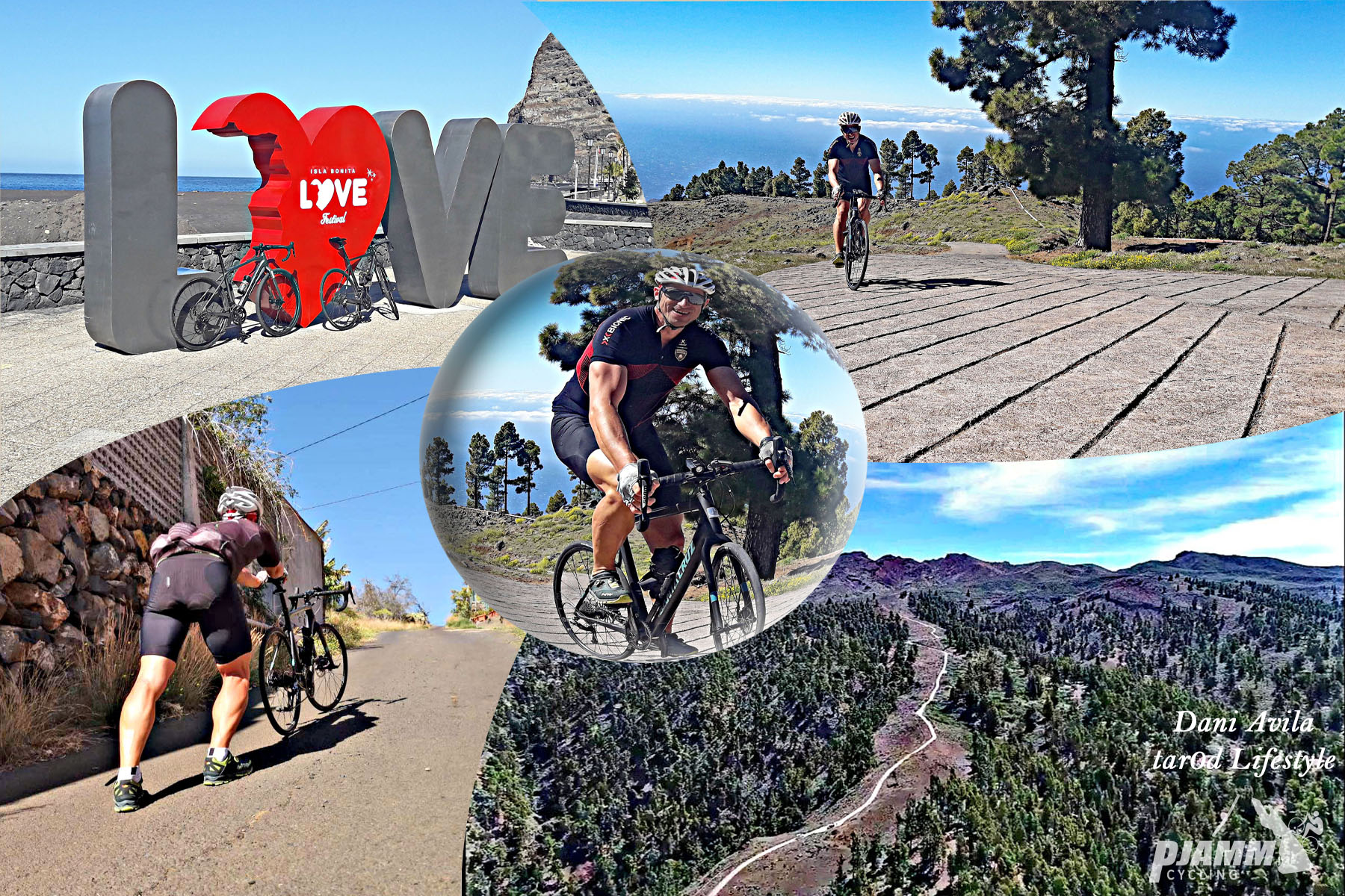 Cycling Llano de las Animas, Spain - photo college, PJAMM Cycling logo in corner, bike parked next to LOVE statue, cyclist pushing bike up steep section of roadway, aerial view of roadway in mountainside